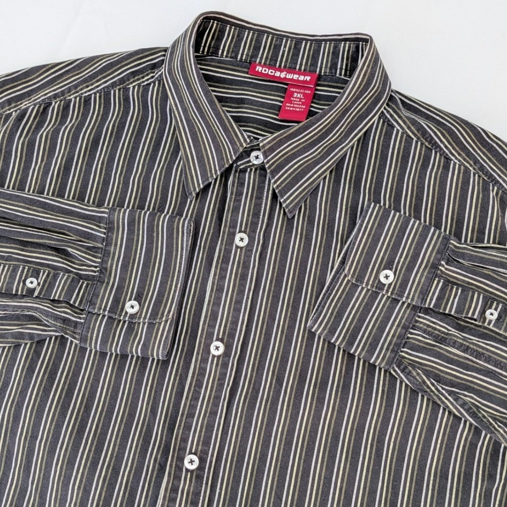 Rockawear Men 3XL Striped Button Down Shirt Black Green Cotton Long Sleeve‎